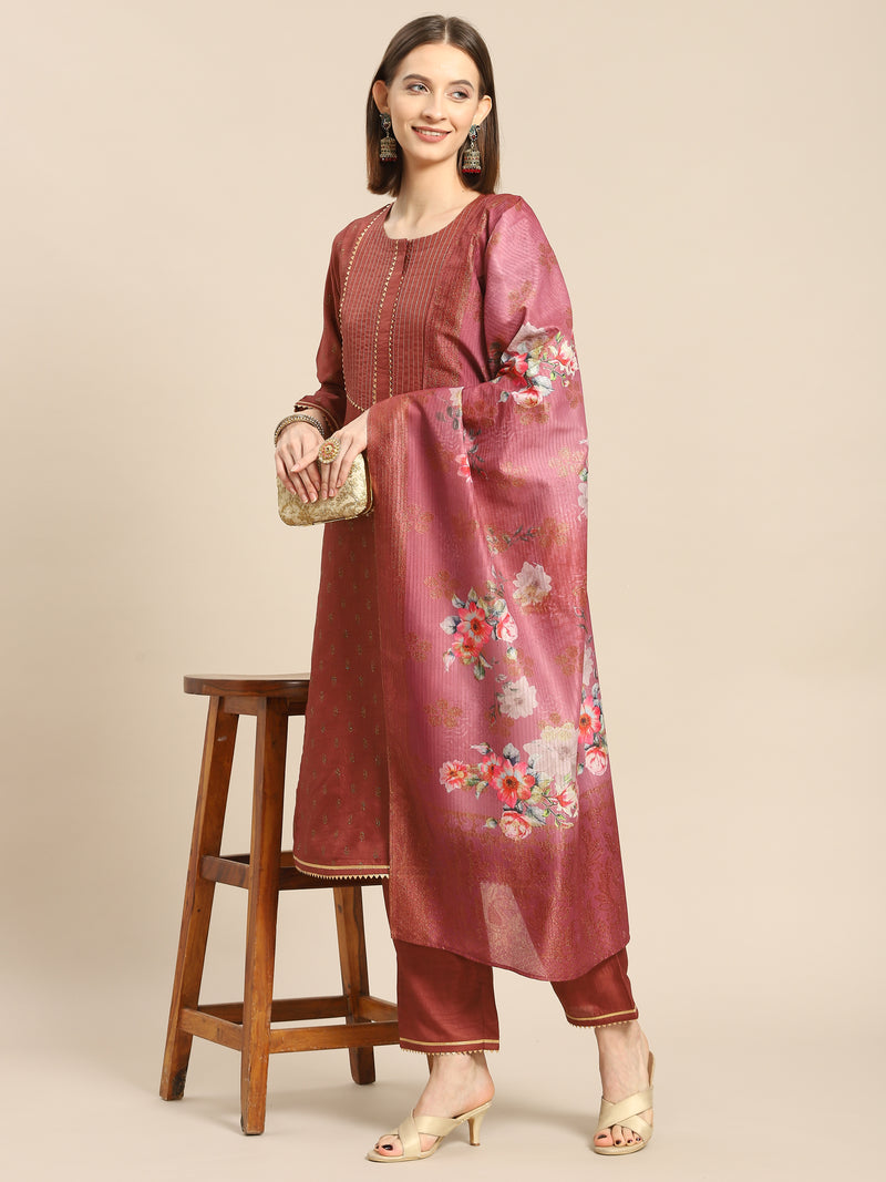 Brown Printed Silk Blend Suit Set