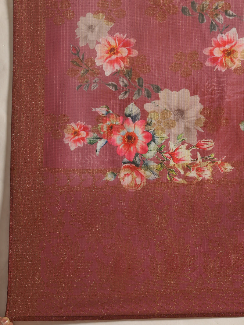Brown Printed Silk Blend Suit Set
