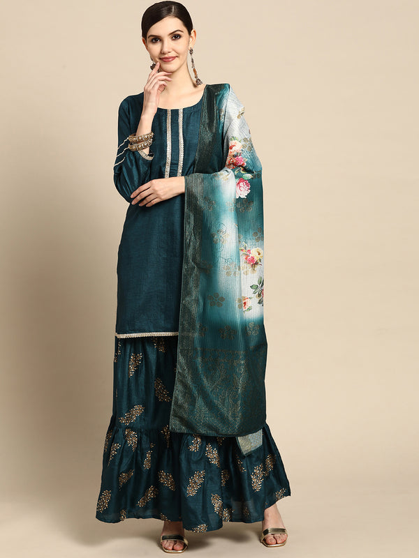 Blue Solid Silk Blend Suit Set