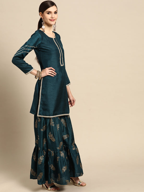 Blue Solid Silk Blend Suit Set
