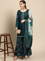 Blue Solid Silk Blend Suit Set