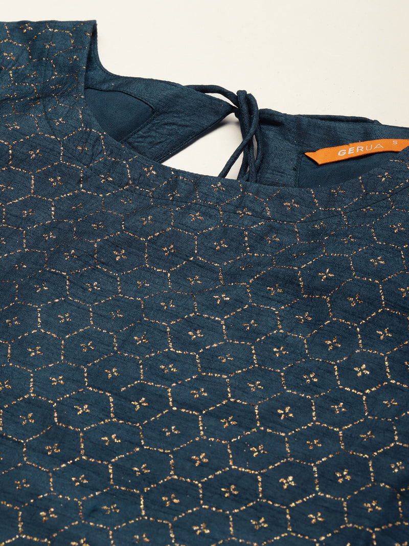 Teal Self Design Silk Blend Straight Suit Set