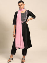 Black Yoke Design Silk Blend Suit Set