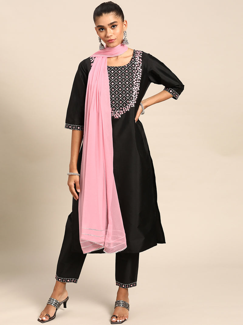 Black Yoke Design Silk Blend Suit Set