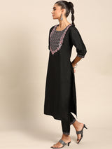 Black Yoke Design Silk Blend Suit Set