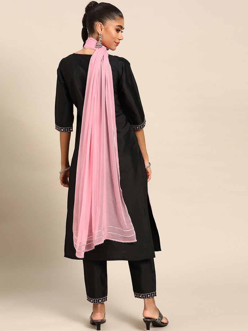 Black Yoke Design Silk Blend Suit Set