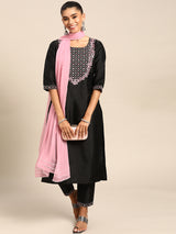 Black Yoke Design Silk Blend Suit Set
