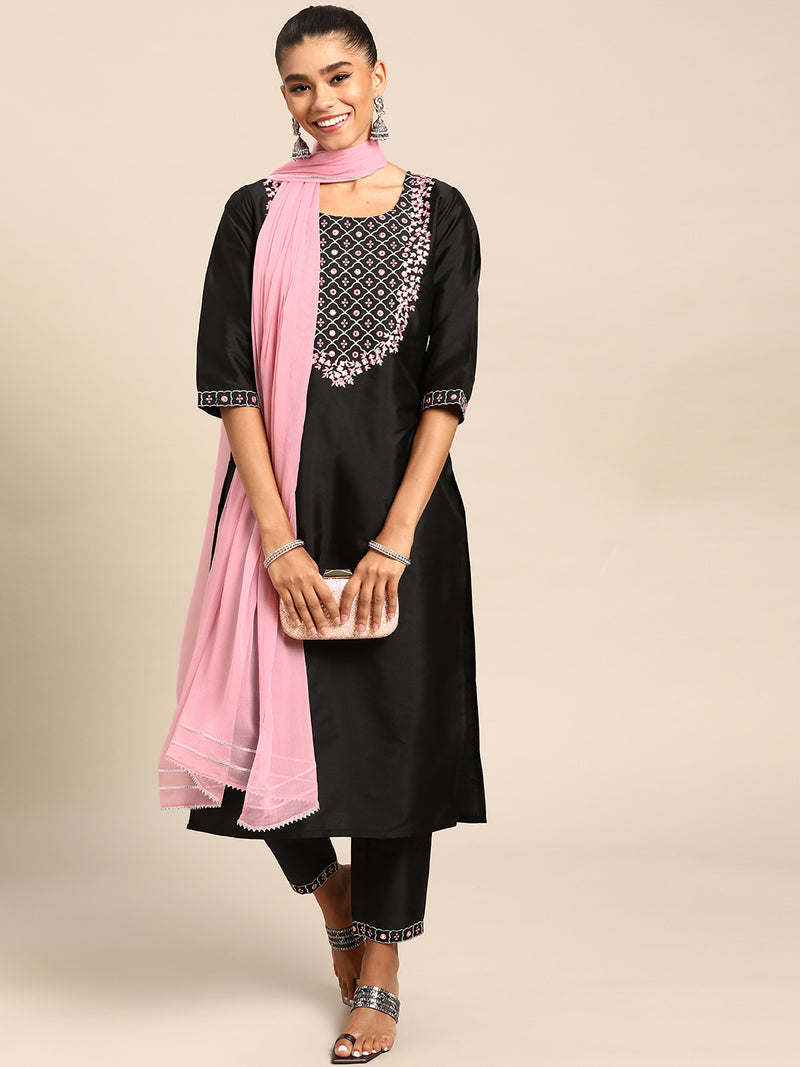 Black Yoke Design Silk Blend Suit Set