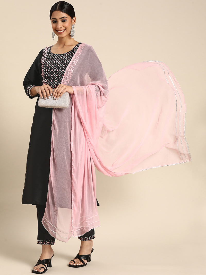 Black Yoke Design Silk Blend Suit Set