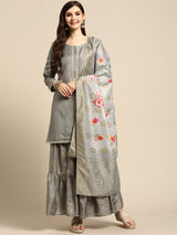 Grey Solid Silk Blend Suit Set