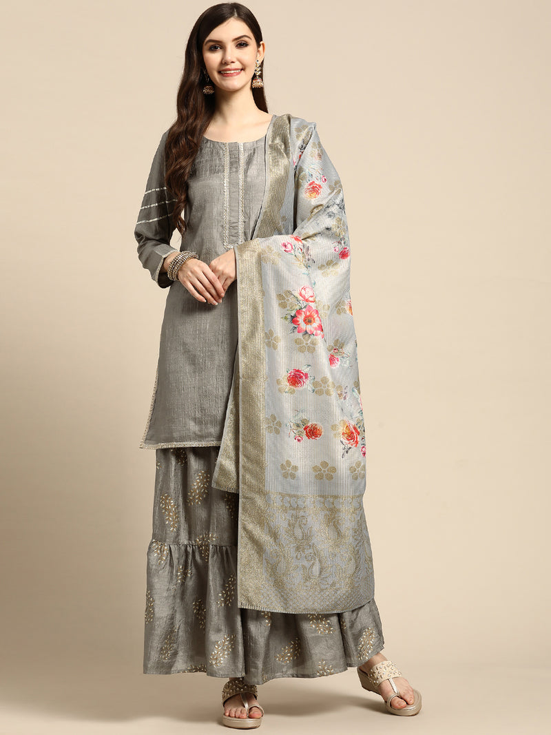 Grey Solid Silk Blend Suit Set