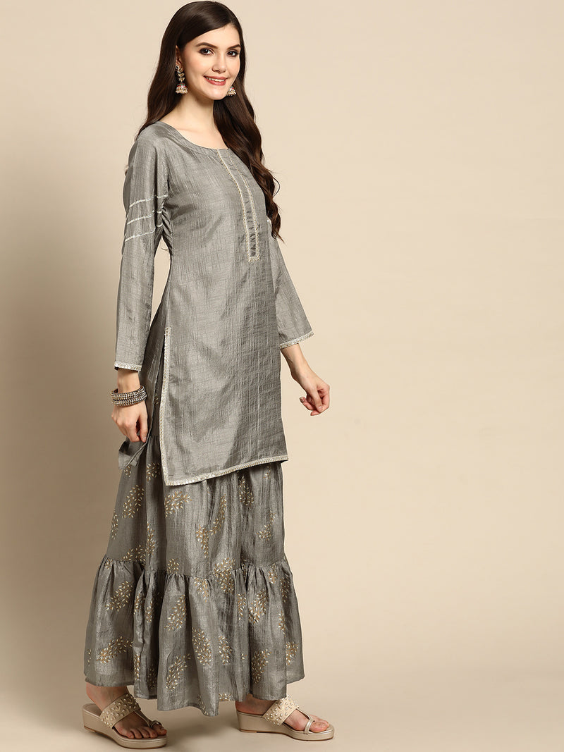 Grey Solid Silk Blend Suit Set