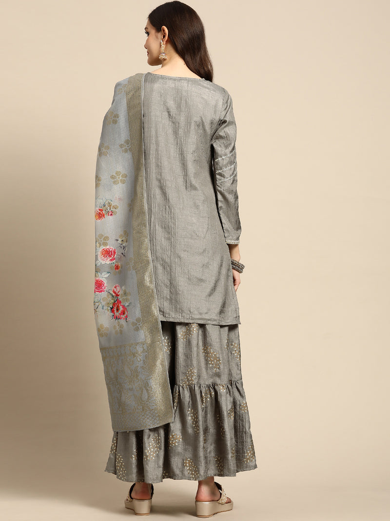 Grey Solid Silk Blend Suit Set