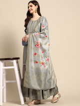 Grey Solid Silk Blend Suit Set