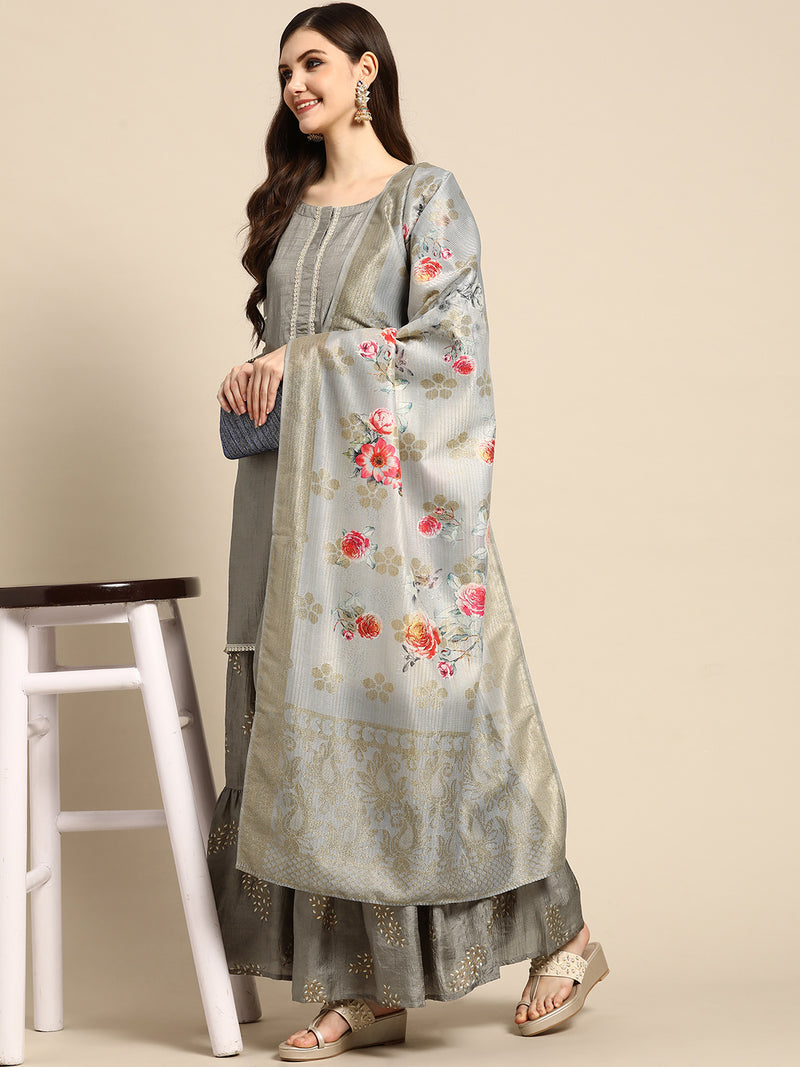 Grey Solid Silk Blend Suit Set