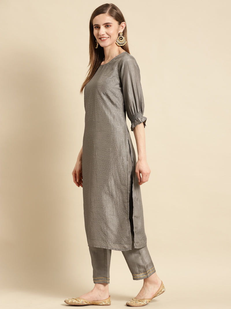 Grey Self Design Silk Blend Straight Suit Set