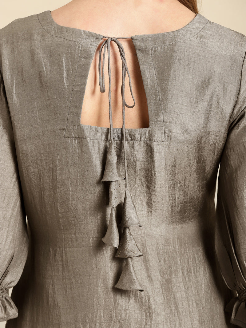 Grey Self Design Silk Blend Straight Suit Set