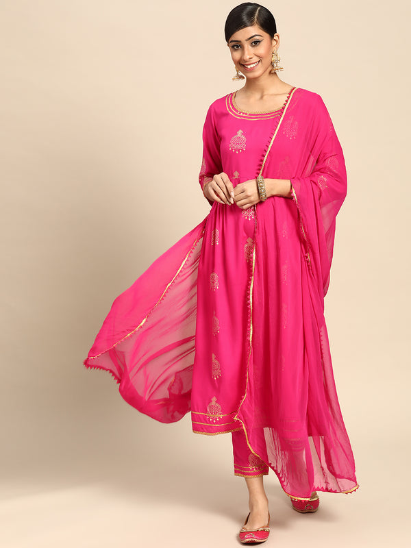 Pink Printed Rayon Suit Set