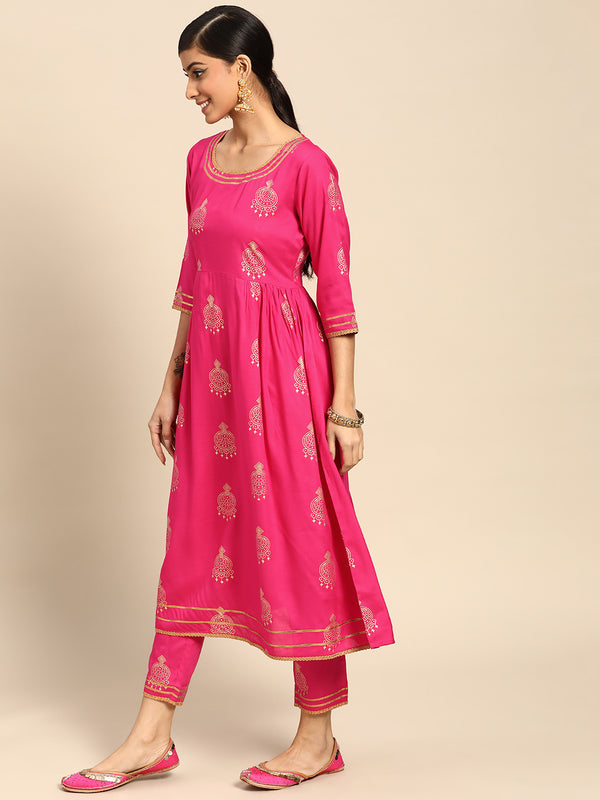 Pink Printed Rayon Suit Set
