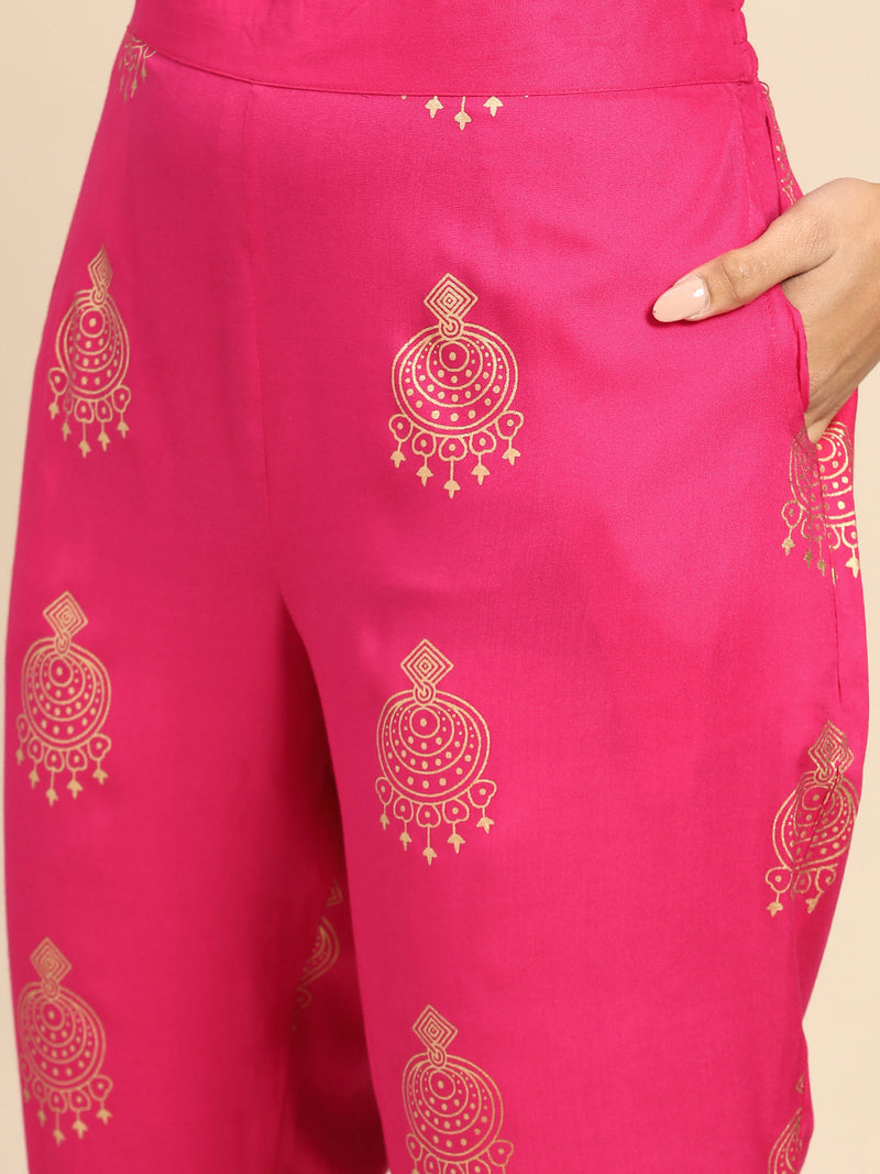 Pink Printed Rayon Suit Set