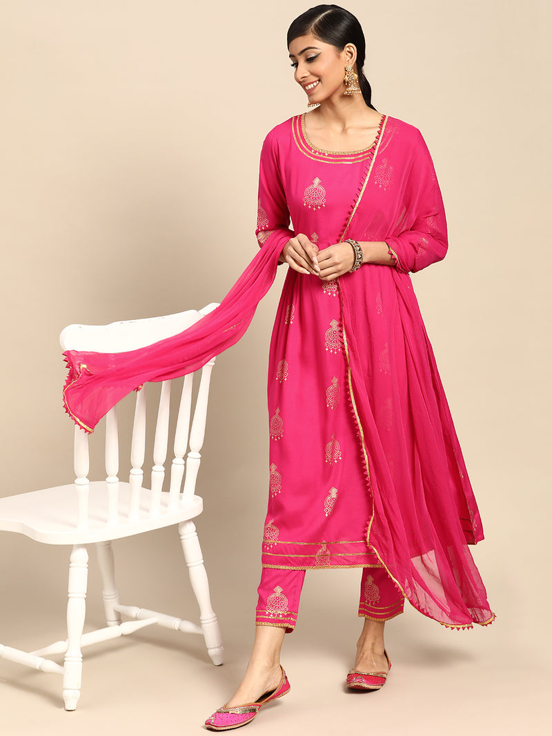 Pink Printed Rayon Suit Set