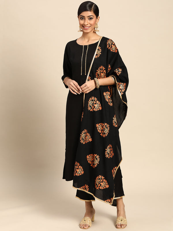 Black Solid Rayon Suit Set