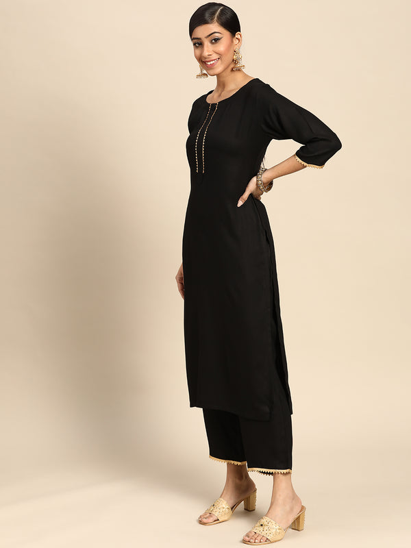 Black Solid Rayon Suit Set