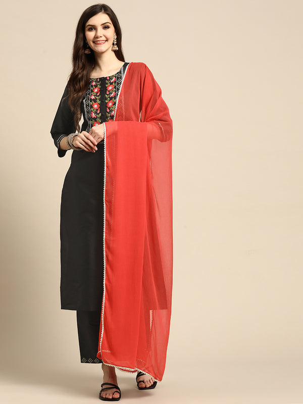 Black Yoke Design Silk Blend Suit Set
