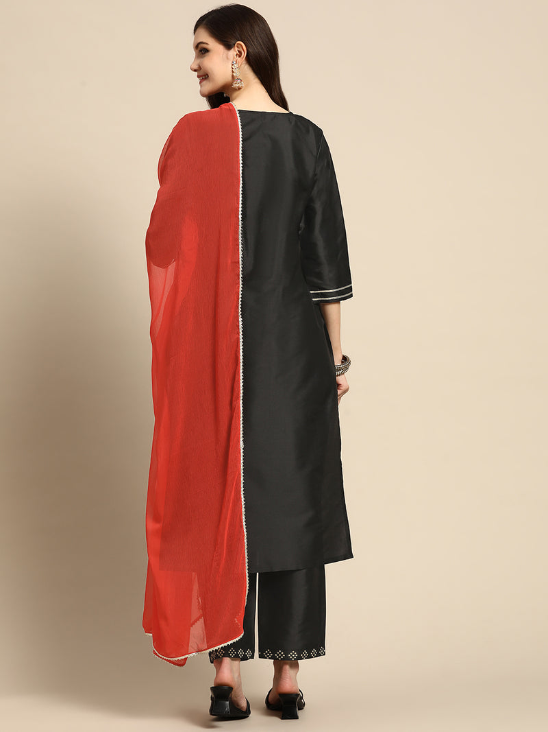 Black Yoke Design Silk Blend Suit Set