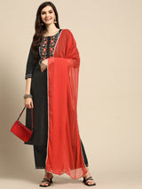 Black Yoke Design Silk Blend Suit Set