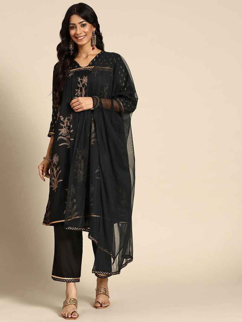 Black Printed Rayon Suit Set