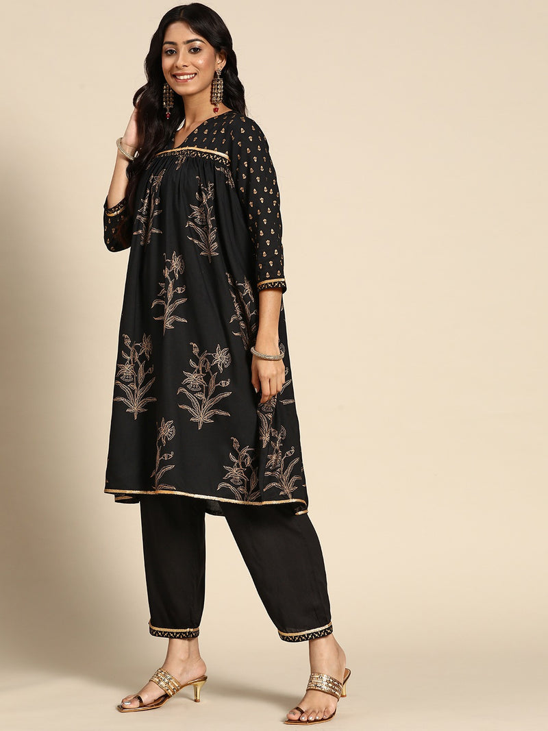 Black Printed Rayon Suit Set