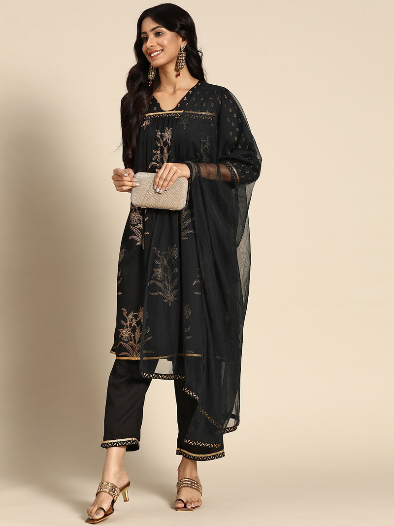 Black Printed Rayon Suit Set