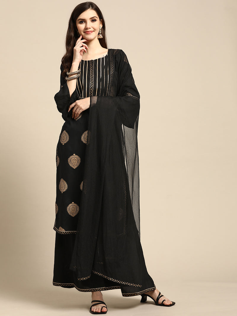 Black Printed Rayon Suit Set