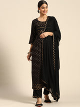 Black Yoke Design Rayon Suit Set