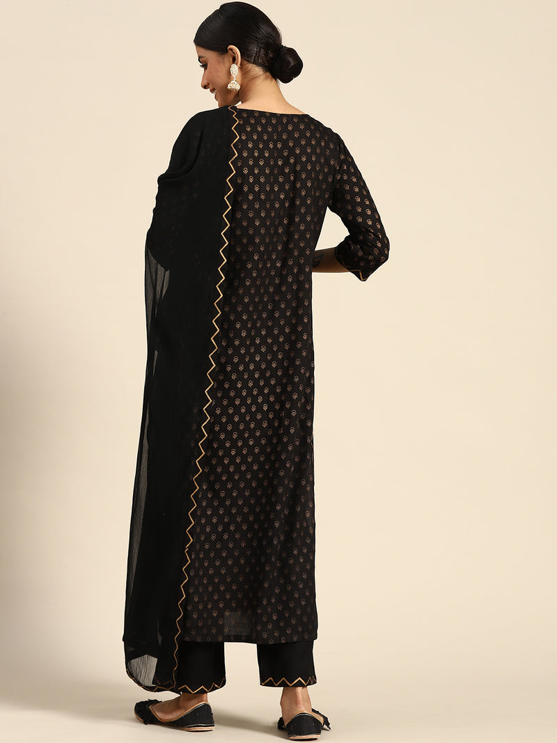 Black Yoke Design Rayon Suit Set