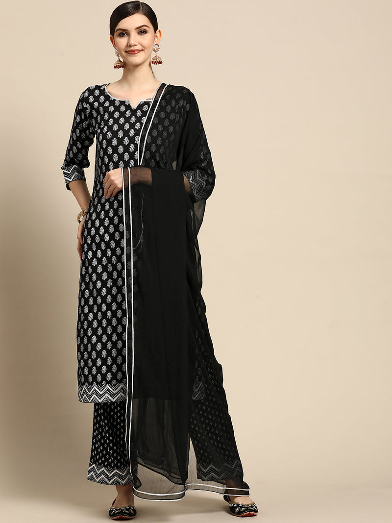 Black Printed Rayon Suit Set