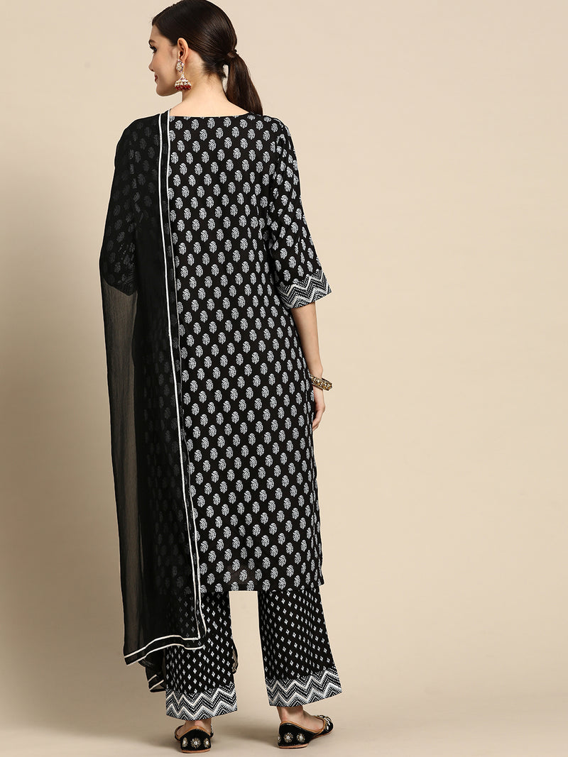 Black Printed Rayon Suit Set