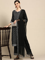 Black Printed Rayon Suit Set