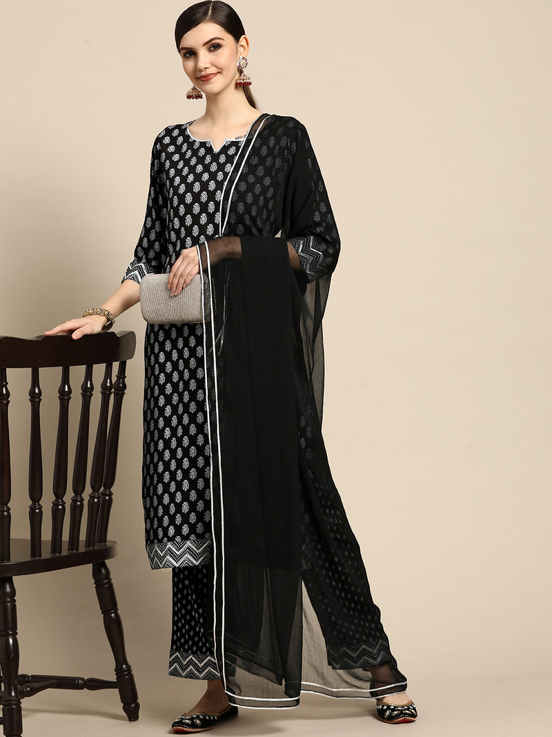 Black Printed Rayon Suit Set