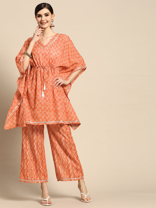 Orange Printed Cotton Blend Suit Set