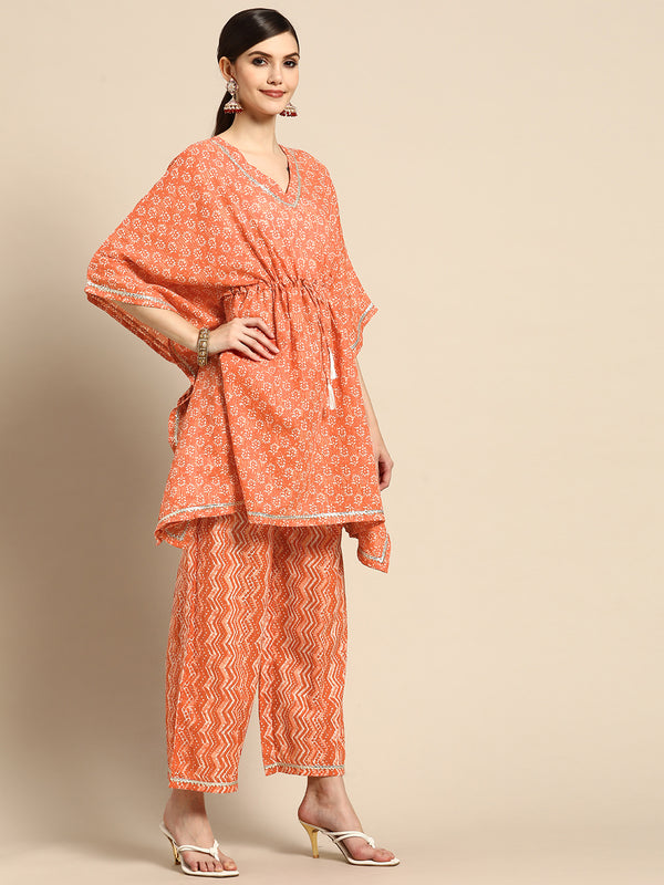 Orange Printed Cotton Blend Suit Set