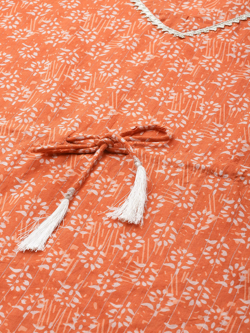 Orange Printed Cotton Blend Suit Set
