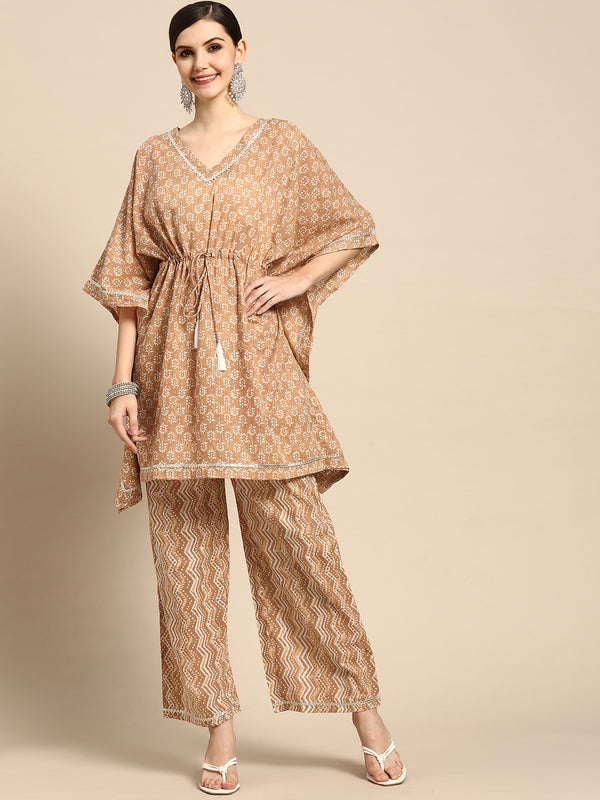 Beige Printed Cotton Blend Suit Set
