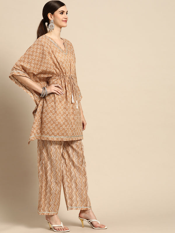 Beige Printed Cotton Blend Suit Set