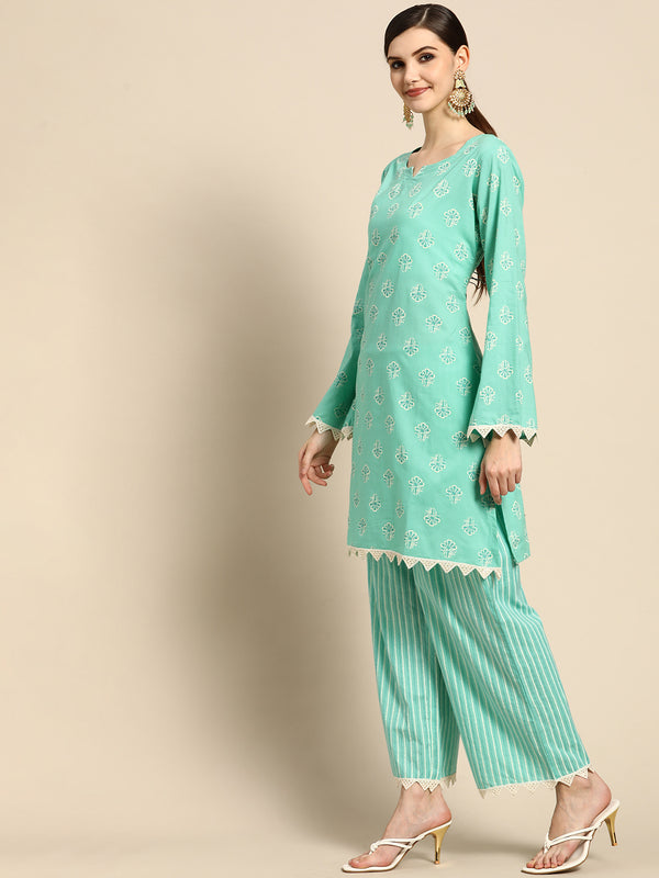 Blue Printed Cotton Kurta Set