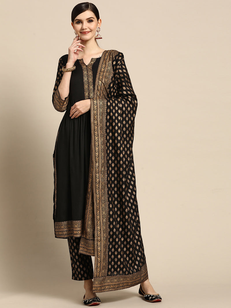 Black Printed Rayon Suit Set