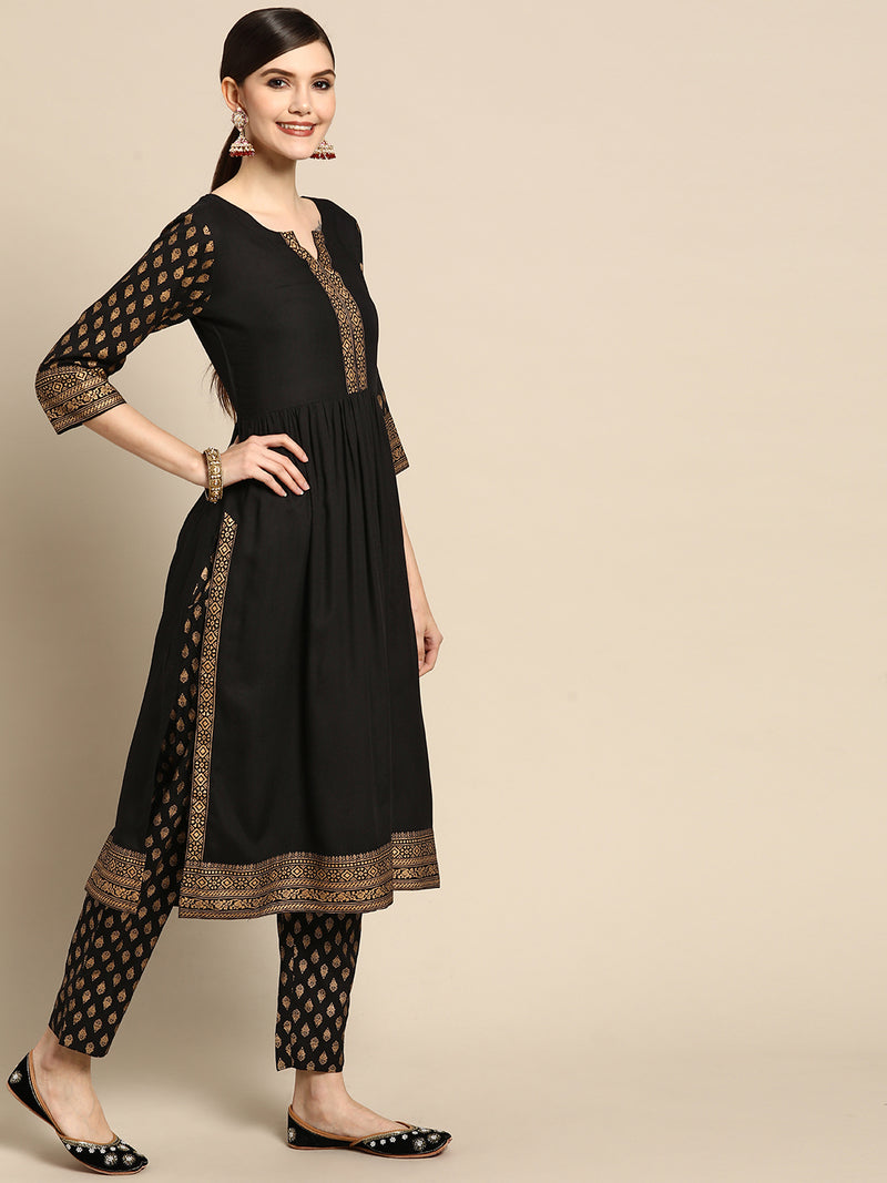 Black Printed Rayon Suit Set