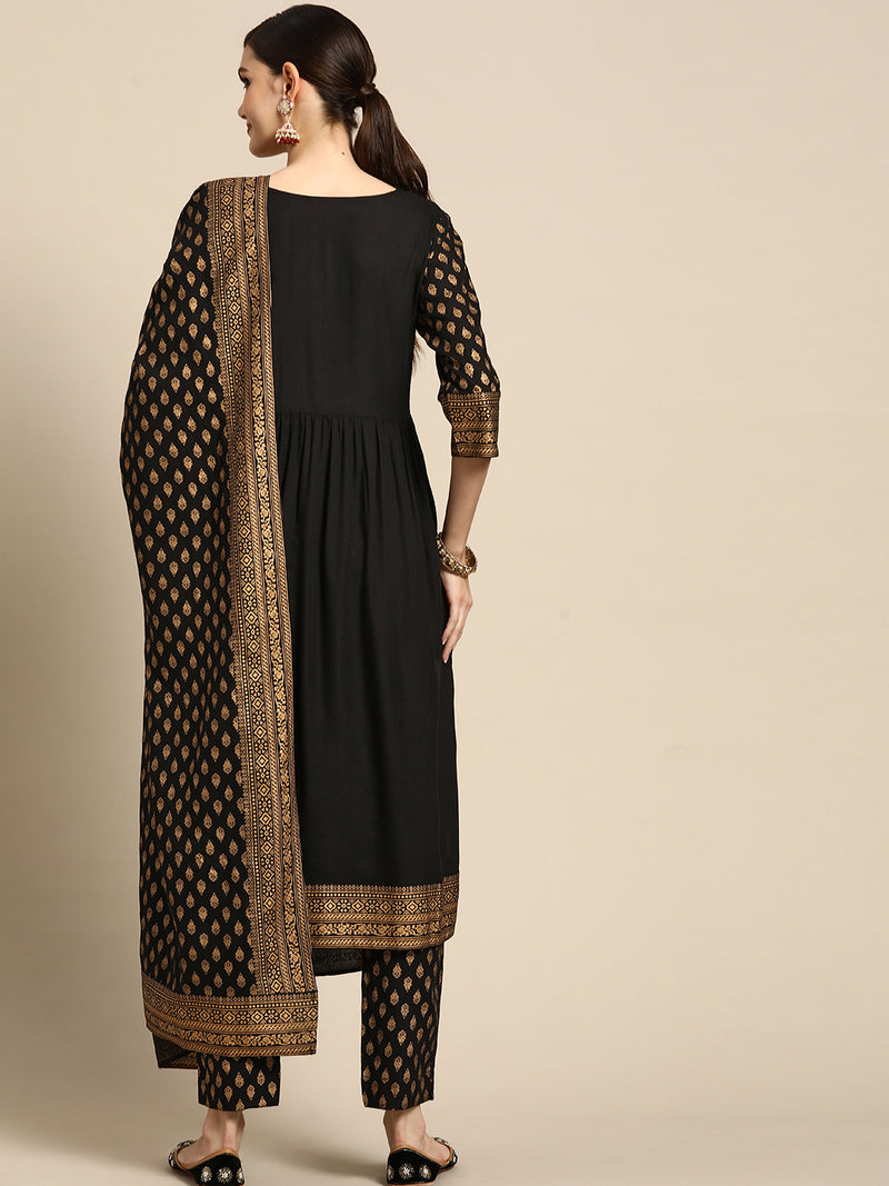 Black Printed Rayon Suit Set