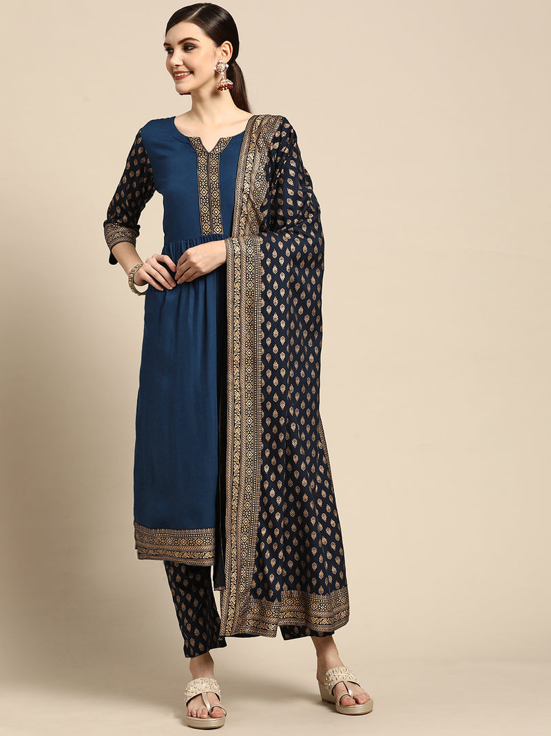 Blue Printed Rayon Suit Set